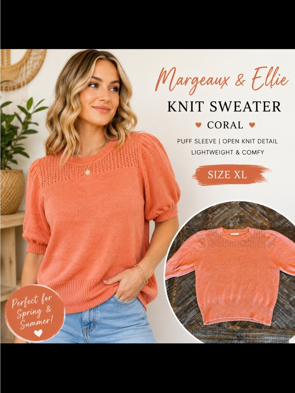 Margeaux & Ellie Coral Puff-Sleeve Knit Sweater